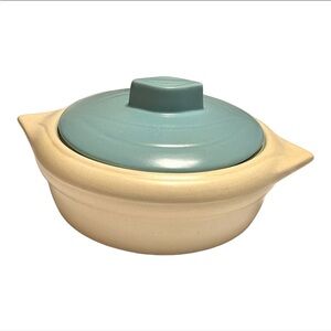 MCM round atomic pottery casserole dish cream base aqua blue lid pointed handles